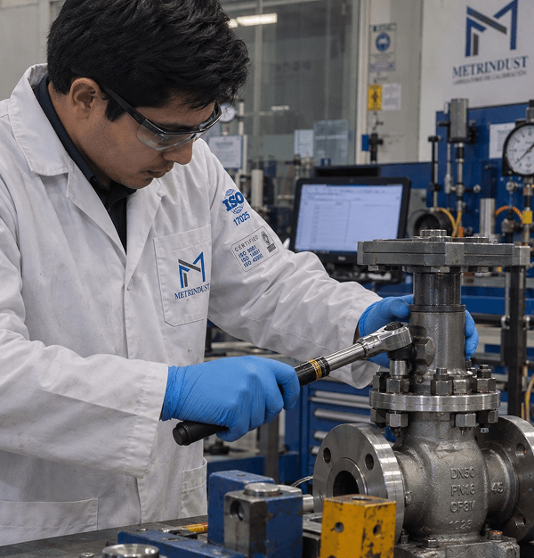 Técnico calibrando pesas patrón en laboratorio